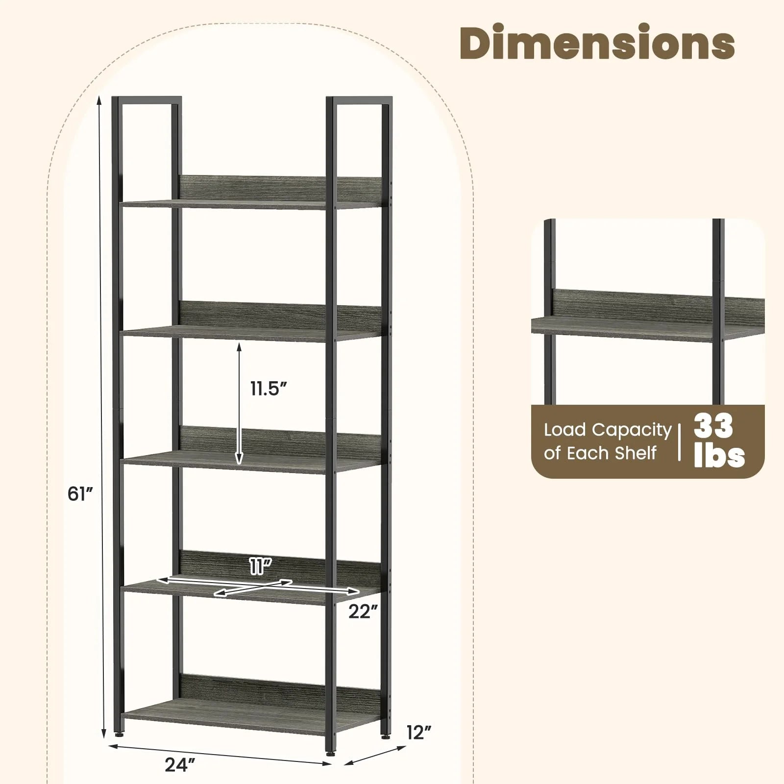 Tangkula 5-Tier Bookshelf for Living Room