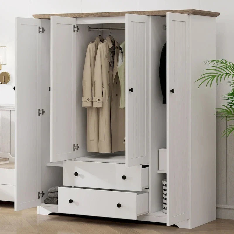 Freestanding 4 - Door Wardrobe Armoire with 2 Drawers and Hanging Rods for Clothes Storage
