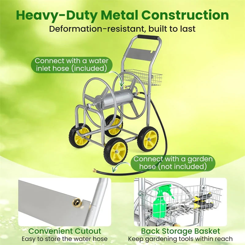 Heavy Duty Metal Garden Hose Reel Cart Holds 300FT of 5/8" Hose with 4 Wheels & Storage Basket, Portable Water Hose Organizer for Yard Lawn