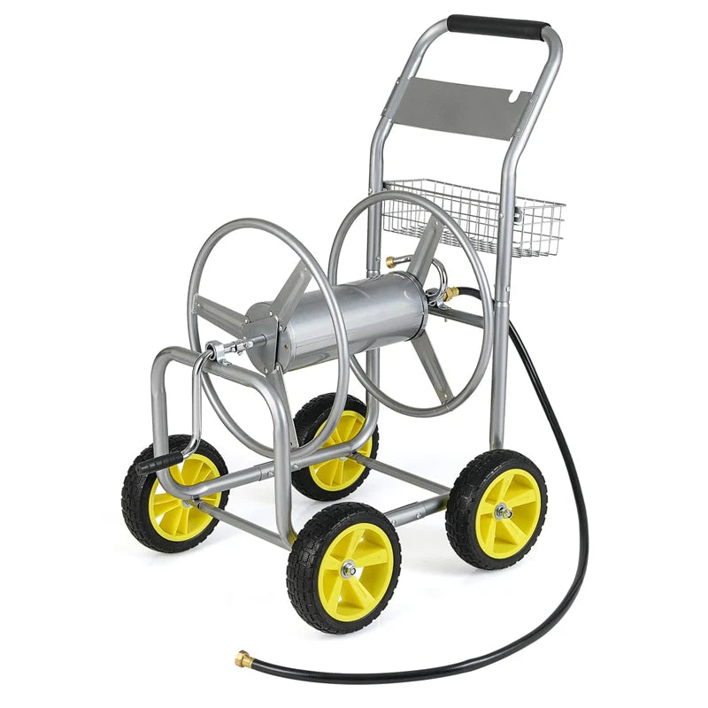Heavy Duty Metal Garden Hose Reel Cart Holds 300FT of 5/8" Hose with 4 Wheels & Storage Basket, Portable Water Hose Organizer for Yard Lawn