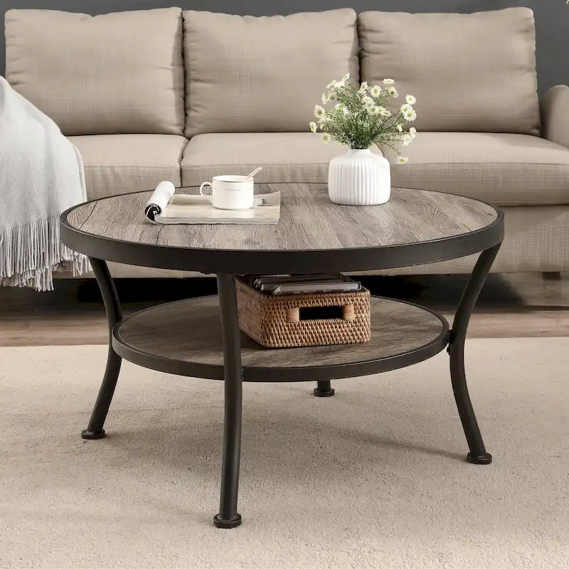 Myhozm Industrial Round Metal Coffee Table with Shelf – Perfect for Living Room, Home Office, and Bedroom
