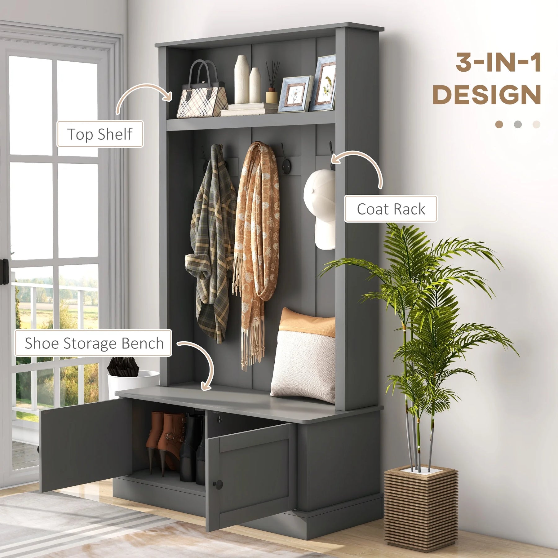 HOMCOM Hall Tree, Entryway Bench W/ Coat Rack, Shoe Cabinet, Black