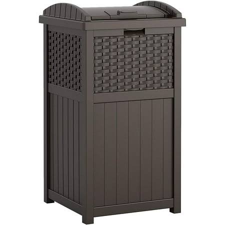 Suncast 33 Gallon Hideaway Can Resin Outdoor Trash with Lid Use in Backyard, Deck, or Patio, Brown