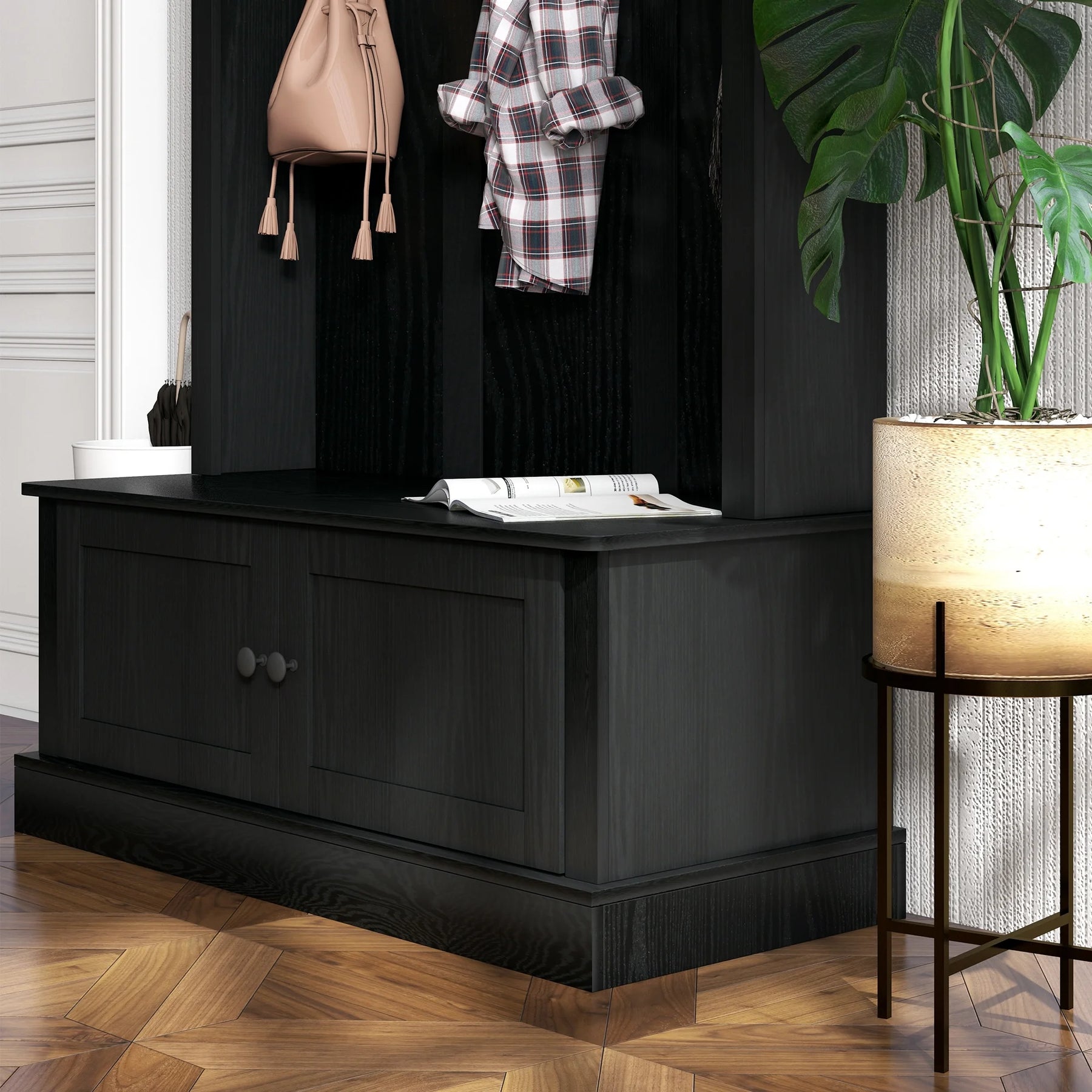 HOMCOM Hall Tree, Entryway Bench W/ Coat Rack, Shoe Cabinet, Black