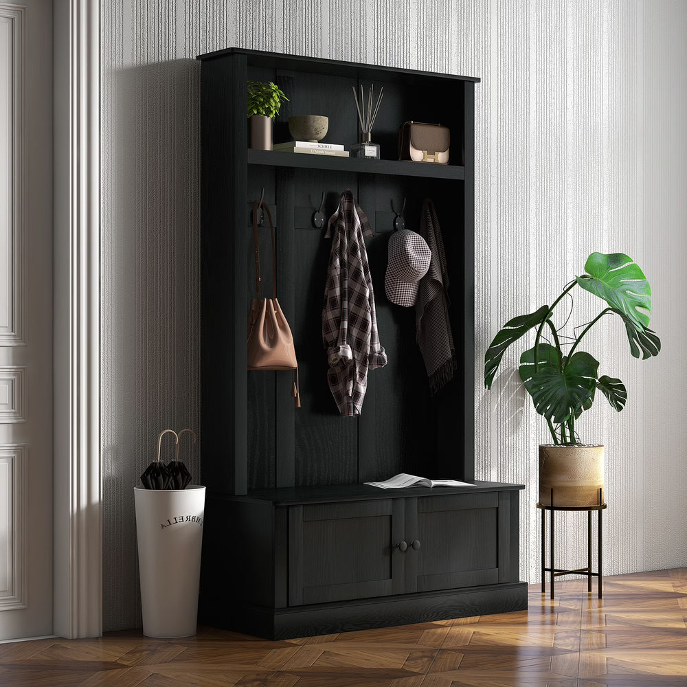 HOMCOM Hall Tree, Entryway Bench W/ Coat Rack, Shoe Cabinet, Black