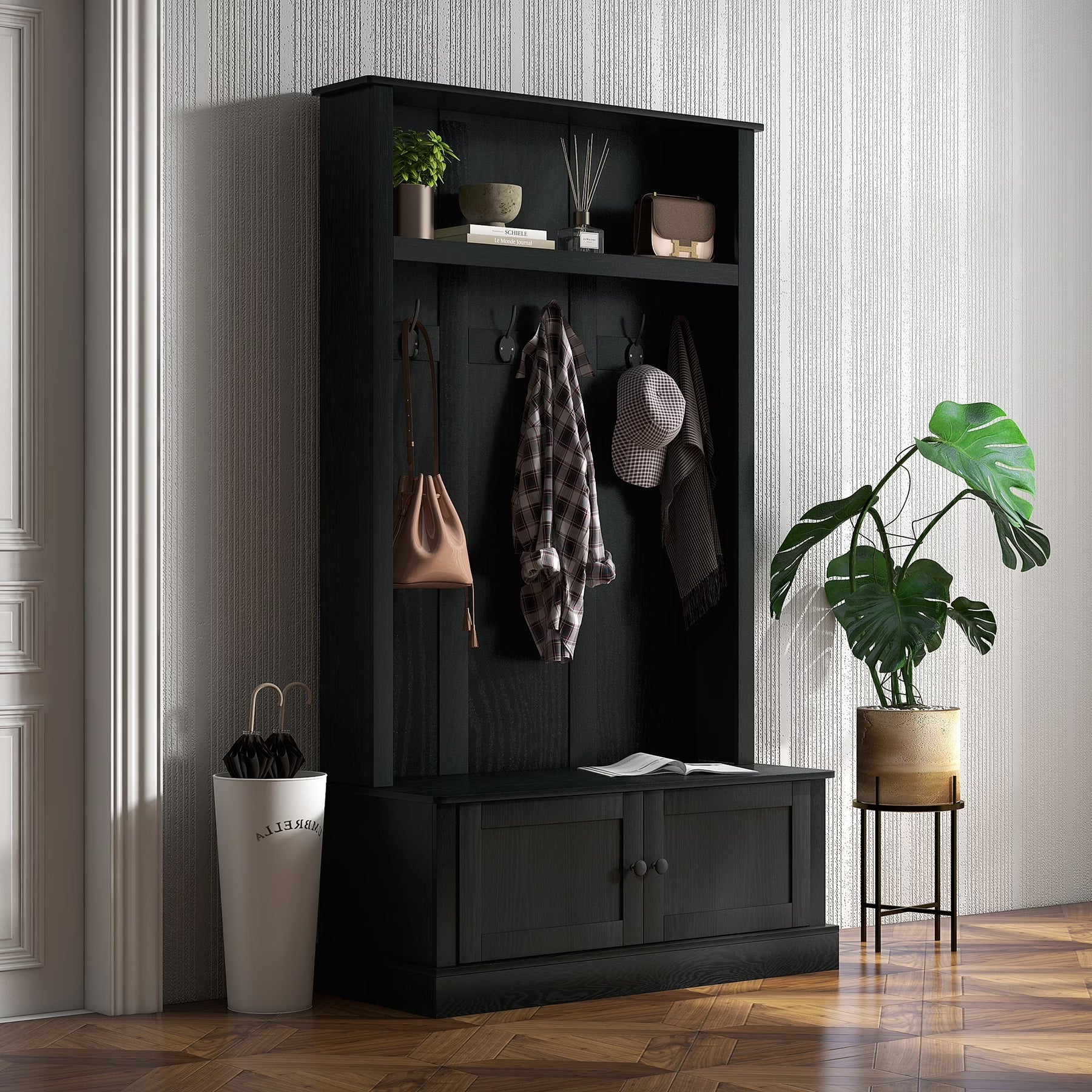 HOMCOM Hall Tree, Entryway Bench W/ Coat Rack, Shoe Cabinet, Black