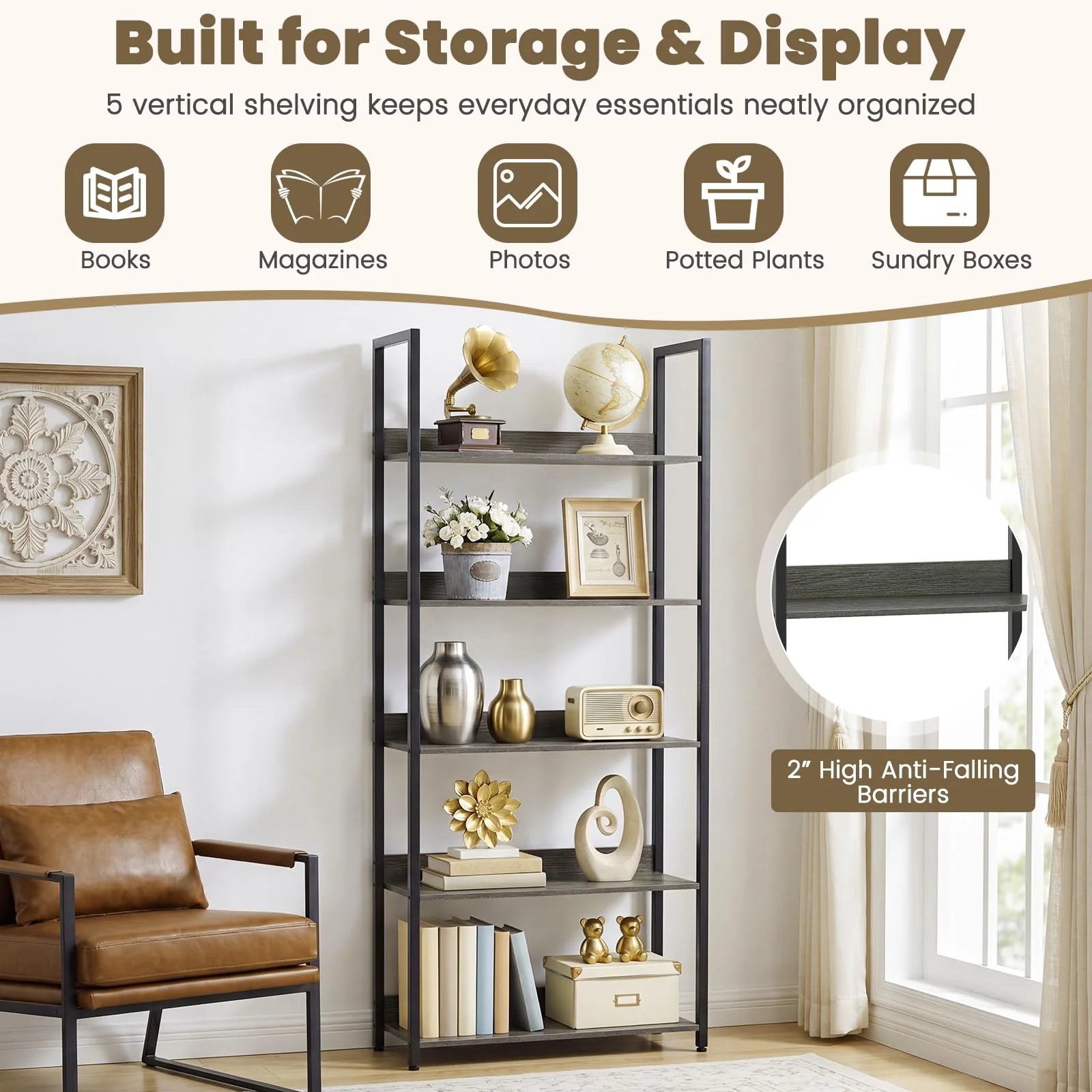 Tangkula 5-Tier Bookshelf for Living Room