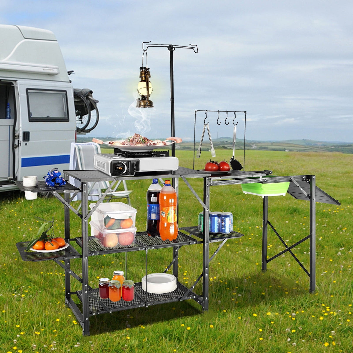 Camping Kitchen Table Folding Portable Cook Station Tables Shelves &A Sink
