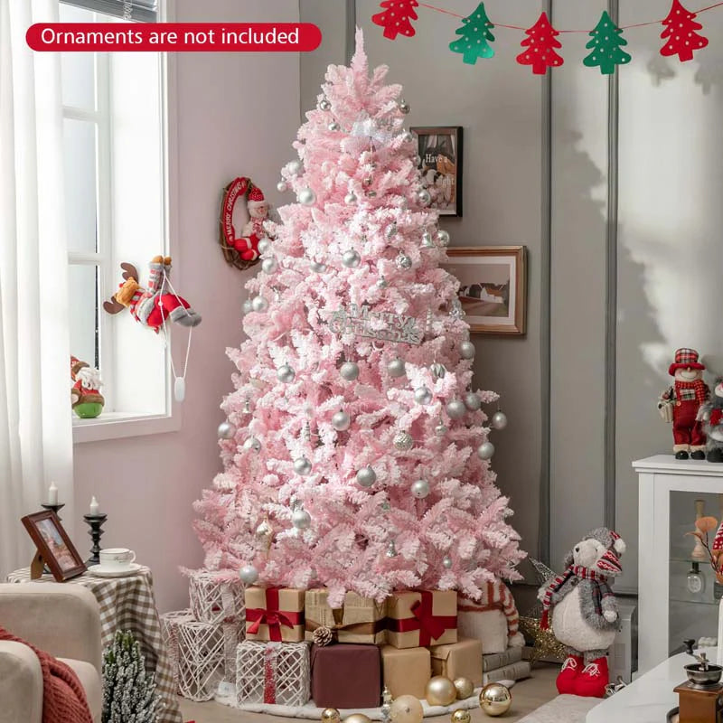 7 FT Pre-lit Pink Artificial Christmas Tree, Hinged Snow Flocked Holiday Tree with 1200 Tips, 500 Multi-Color LED Lights & 8 Modes for Home Decor