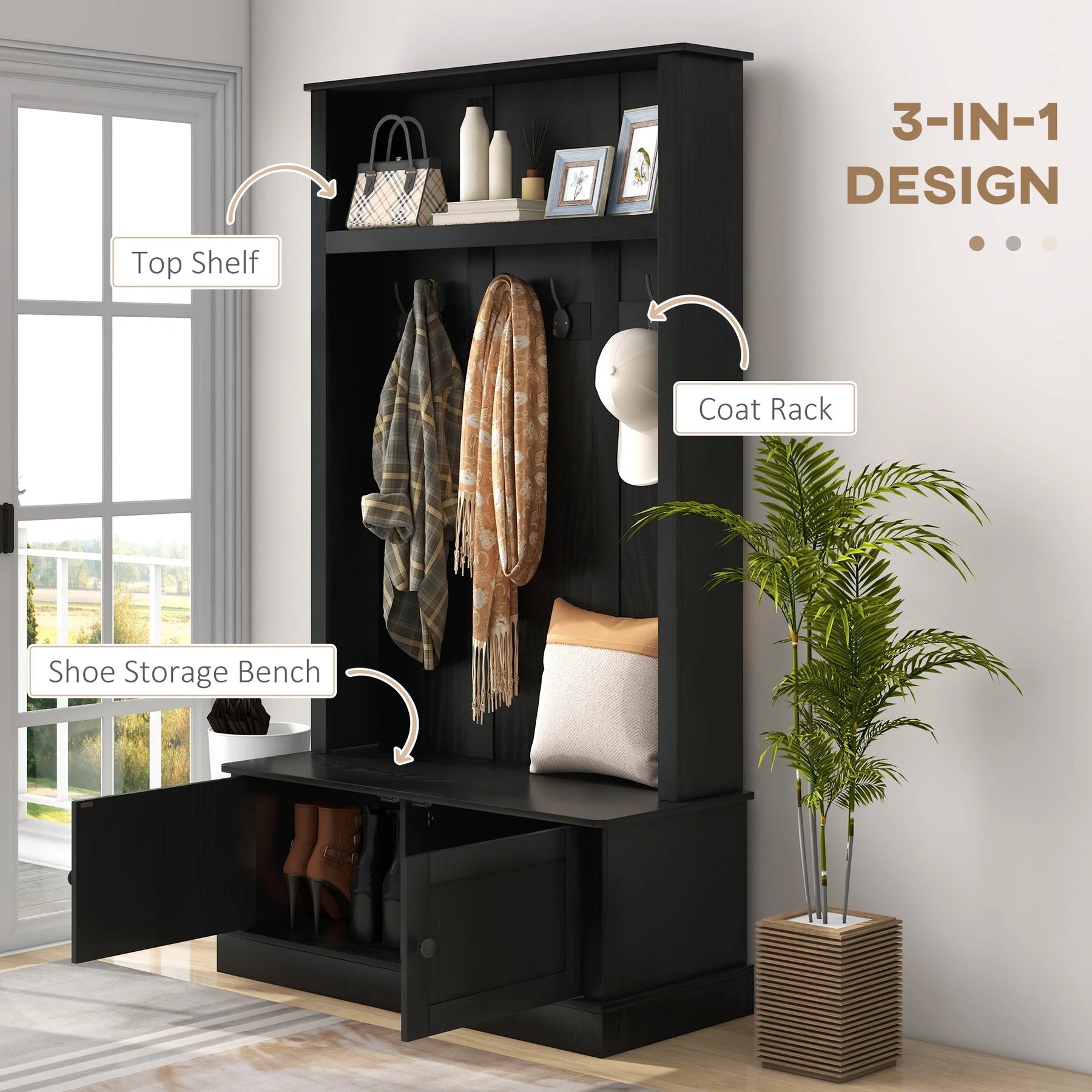 HOMCOM Hall Tree, Entryway Bench W/ Coat Rack, Shoe Cabinet, Black
